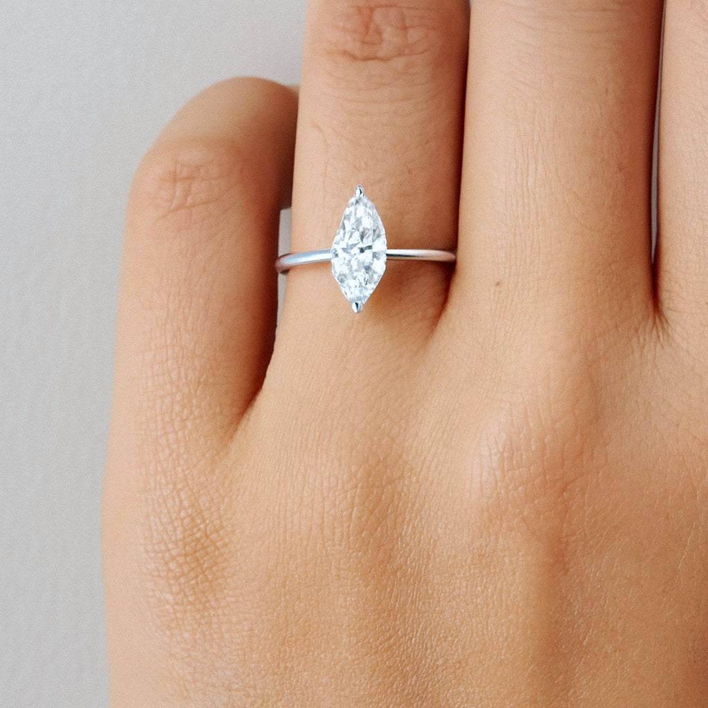 Marquise Moissanite Ring, 2ct Marquise Solitaire in 925 Sterling Silver, worn on model for scale