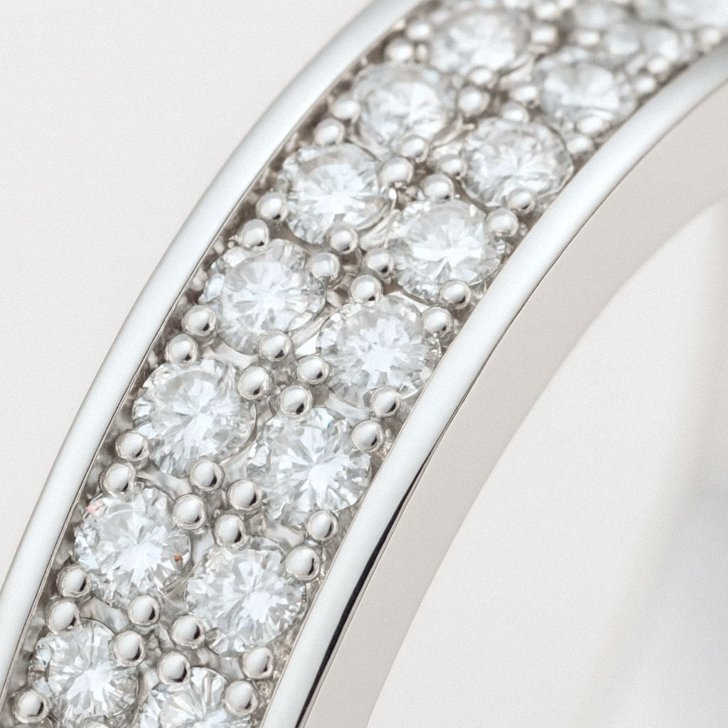 Pavé Moissanite Band Ring, Double Row Eternity Band in 925 Sterling Silver, close-up detail
