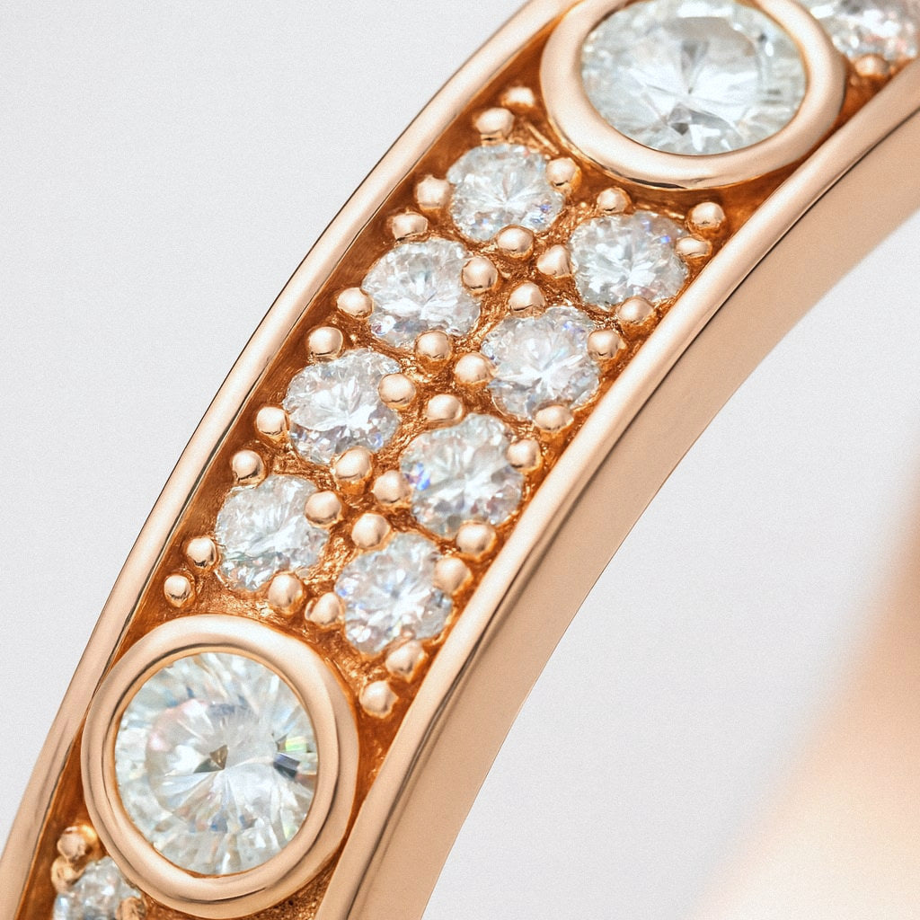 Rose Gold Pavé Moissanite Band Ring, Double Row in 18k Rose Gold Plated Sterling Silver, close-up detail