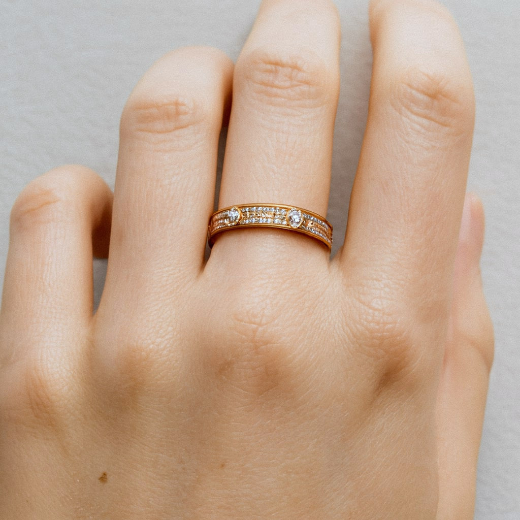 Rose Gold Pavé Moissanite Band Ring, Double Row in 18k Rose Gold Plated Sterling Silver, worn on model for scale