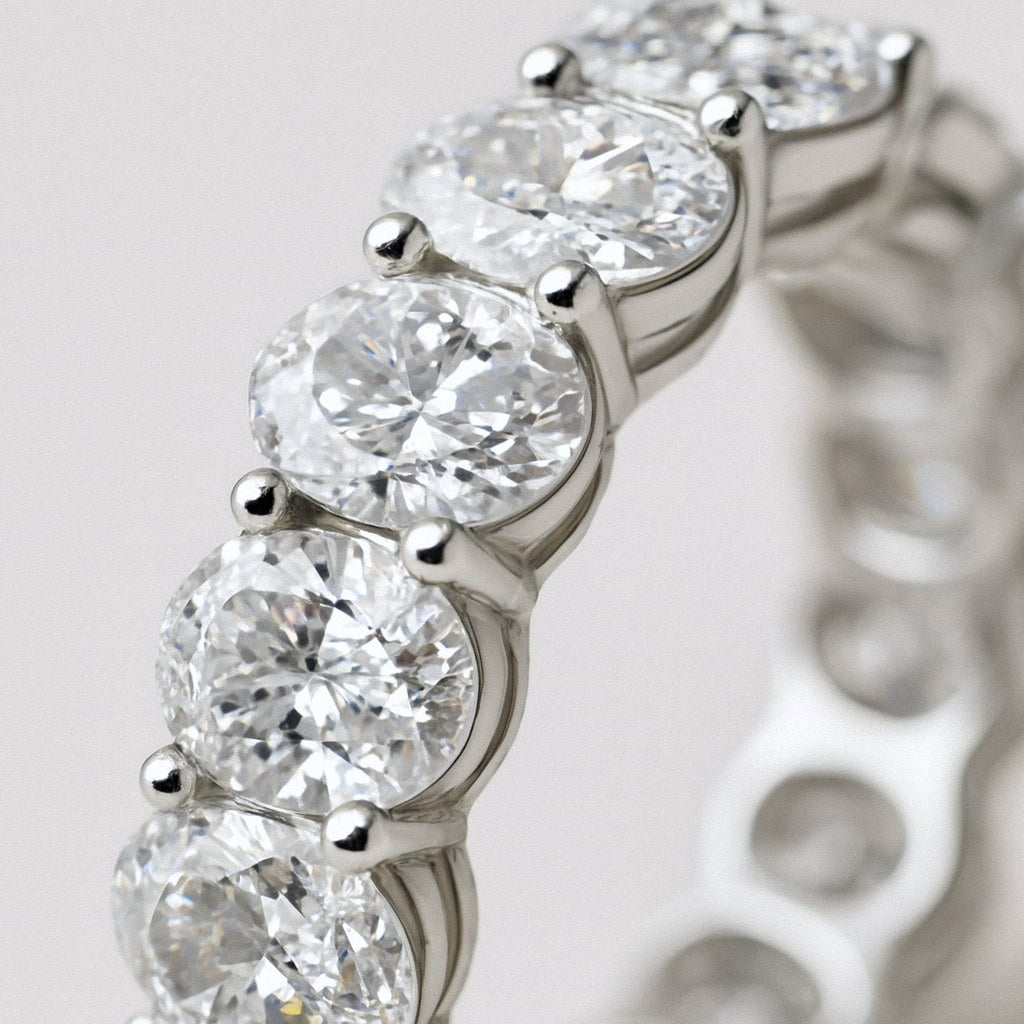 Oval Moissanite Eternity Ring, Full Eternity Band in 925 Sterling Silver, close-up detail