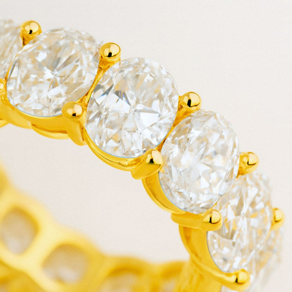 Gold Oval Moissanite Eternity Ring, 18k Gold Plated Sterling Silver Eternity Band, close-up detail