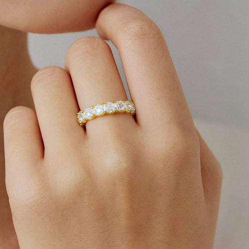 Gold Oval Moissanite Eternity Ring, 18k Gold Plated Sterling Silver Eternity Band, worn on model for scale