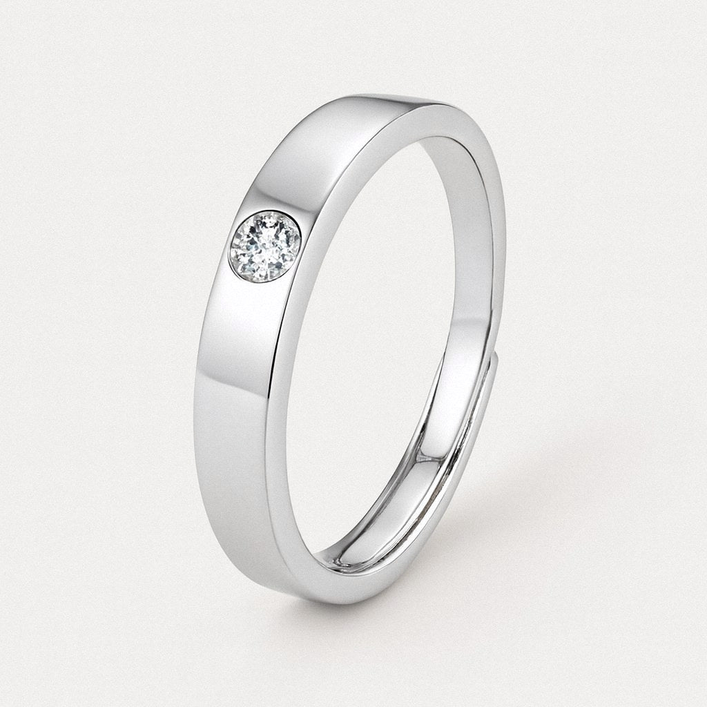 Mens Moissanite Ring, Sterling Silver Band with Flush-Set Stone, product view