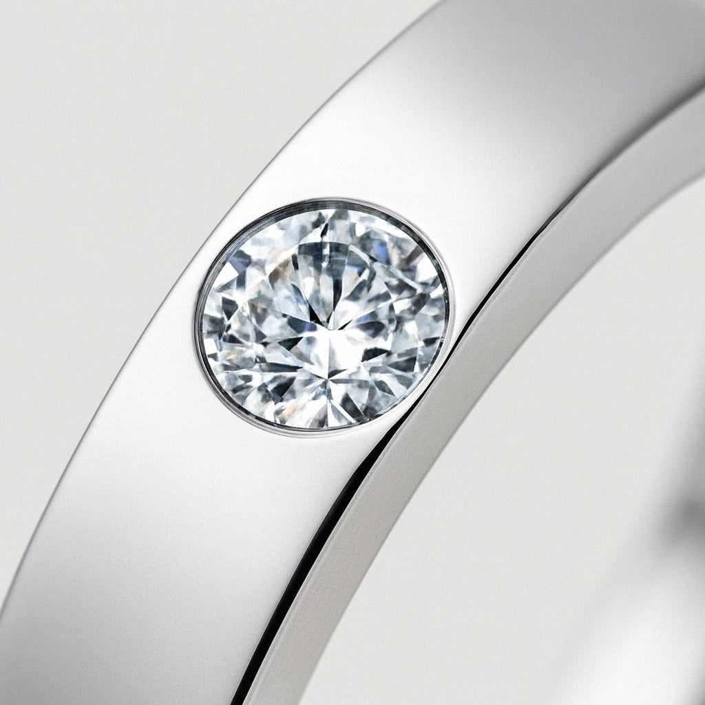 Mens Moissanite Ring, Sterling Silver Band with Flush-Set Stone, close-up detail