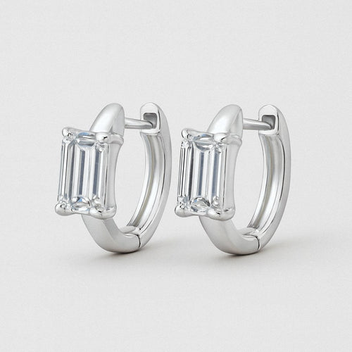 Emerald Cut Moissanite Huggie Earrings, 925 Sterling Silver, product view