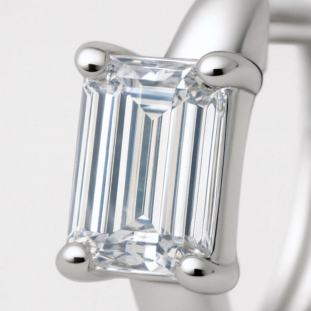Emerald Cut Moissanite Huggie Earrings, 925 Sterling Silver, close-up detail