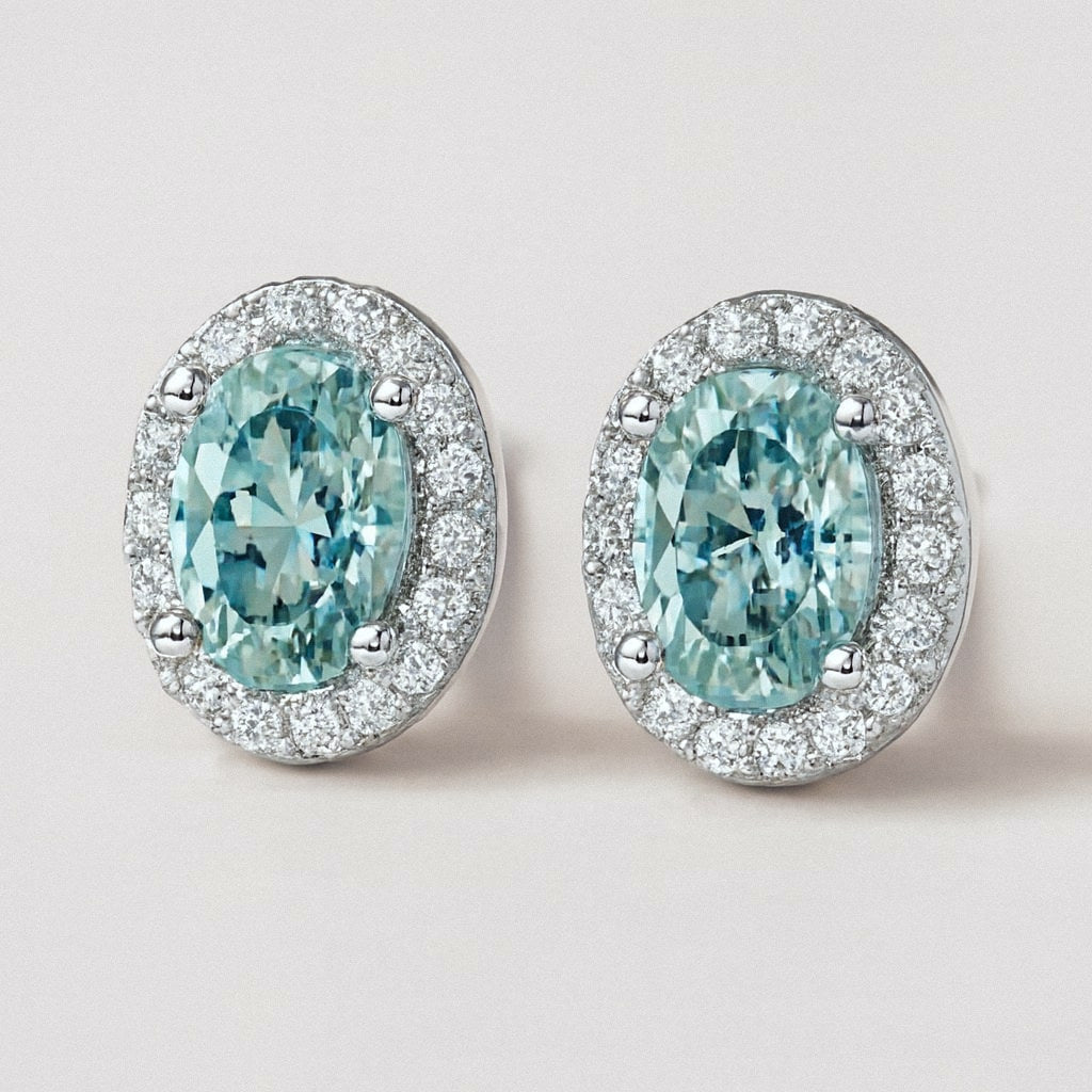 Green Oval Halo Stud Earrings, Green Moissanite in 925 Sterling Silver, product view