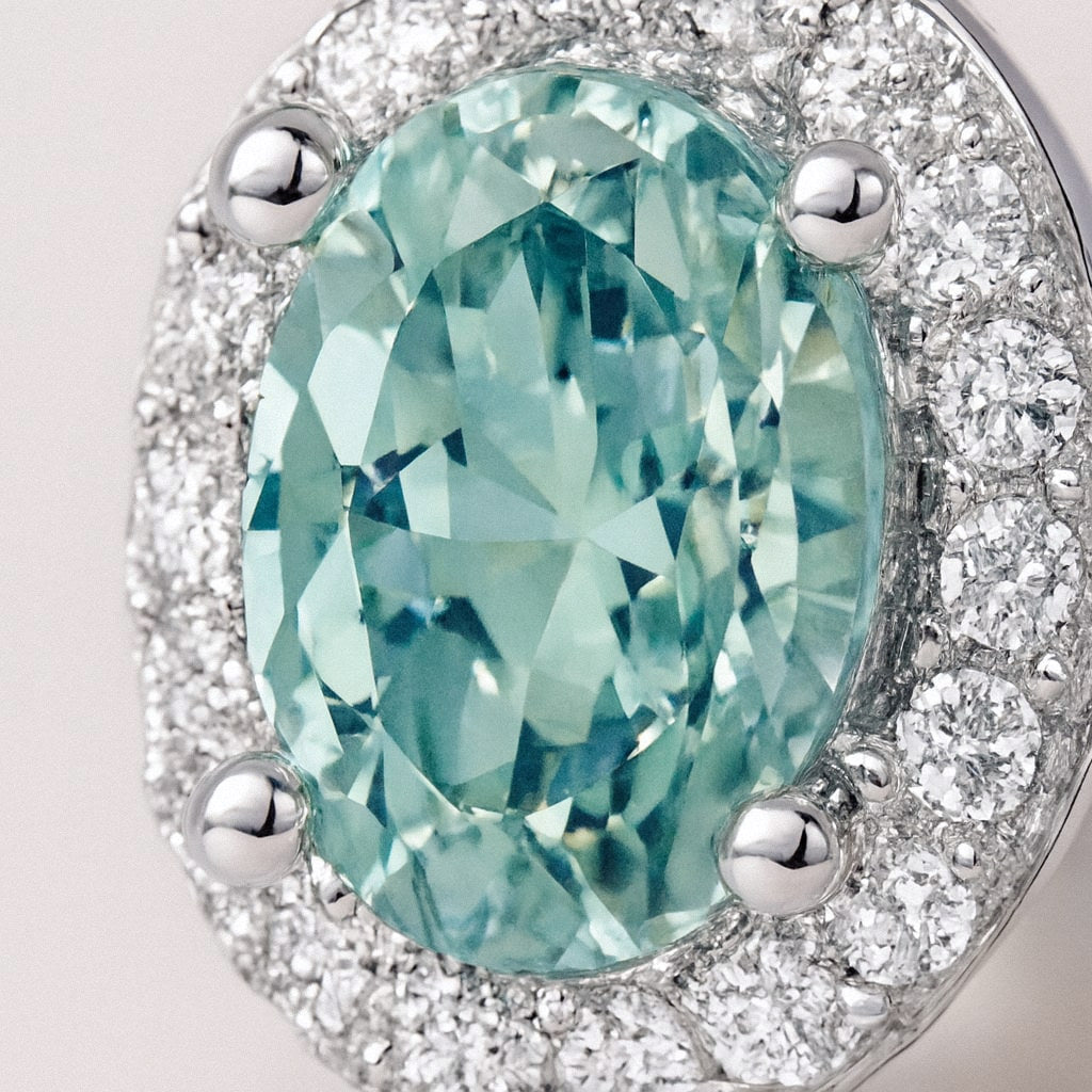 Green Oval Halo Stud Earrings, Green Moissanite in 925 Sterling Silver, close-up detail