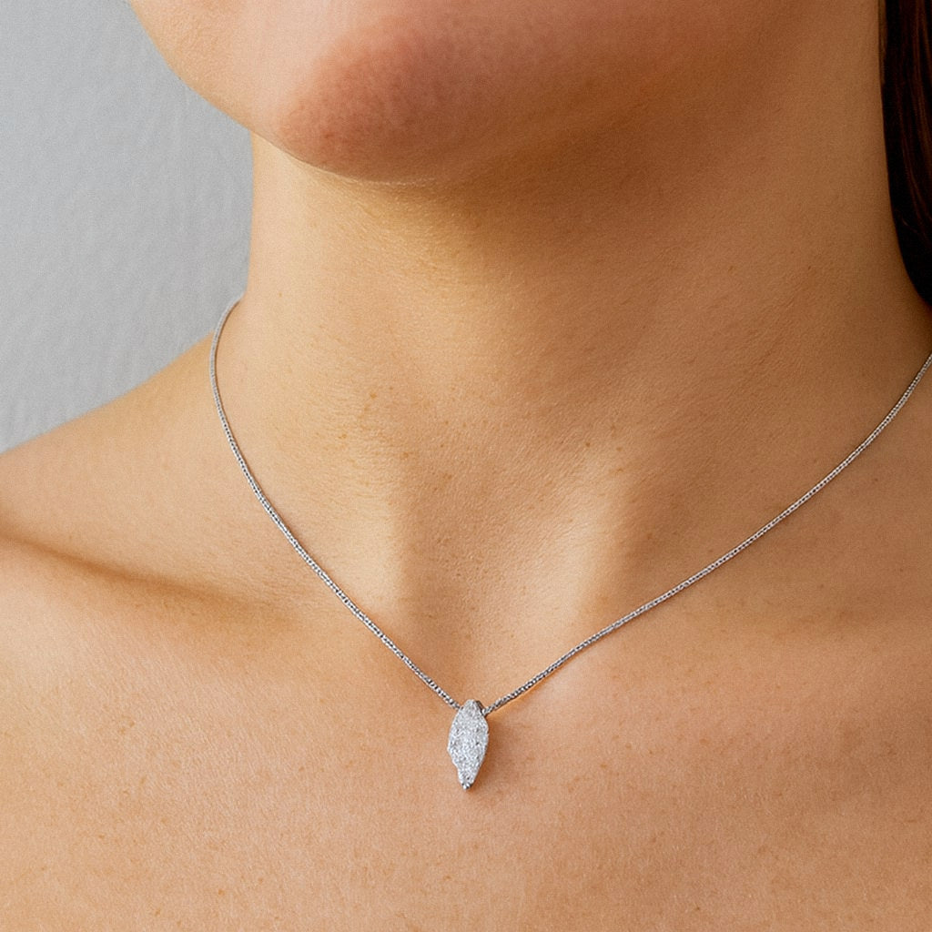 Marquise Moissanite Necklace, Teardrop Solitaire Pendant in 925 Sterling Silver, worn on model for scale