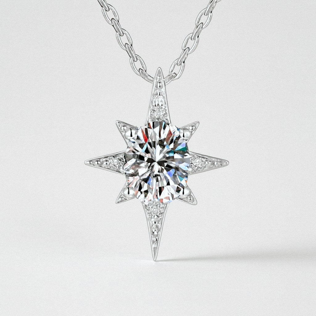 North Star Necklace, Moissanite Starburst Pendant in 925 Sterling Silver, product view