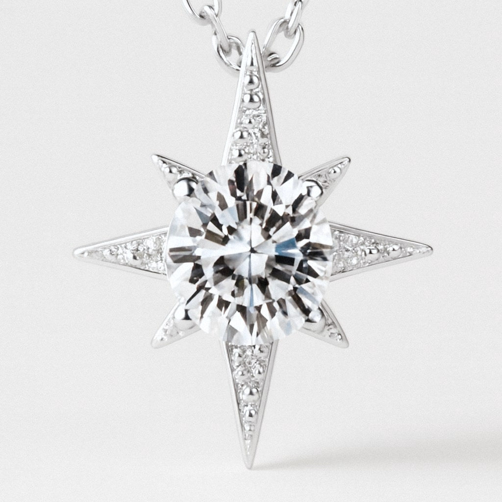 North Star Necklace, Moissanite Starburst Pendant in 925 Sterling Silver, close-up detail