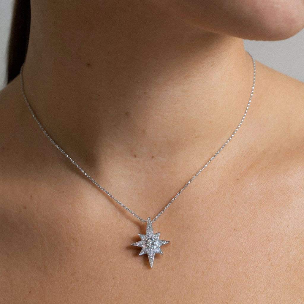 North Star Necklace, Moissanite Starburst Pendant in 925 Sterling Silver, worn on model for scale