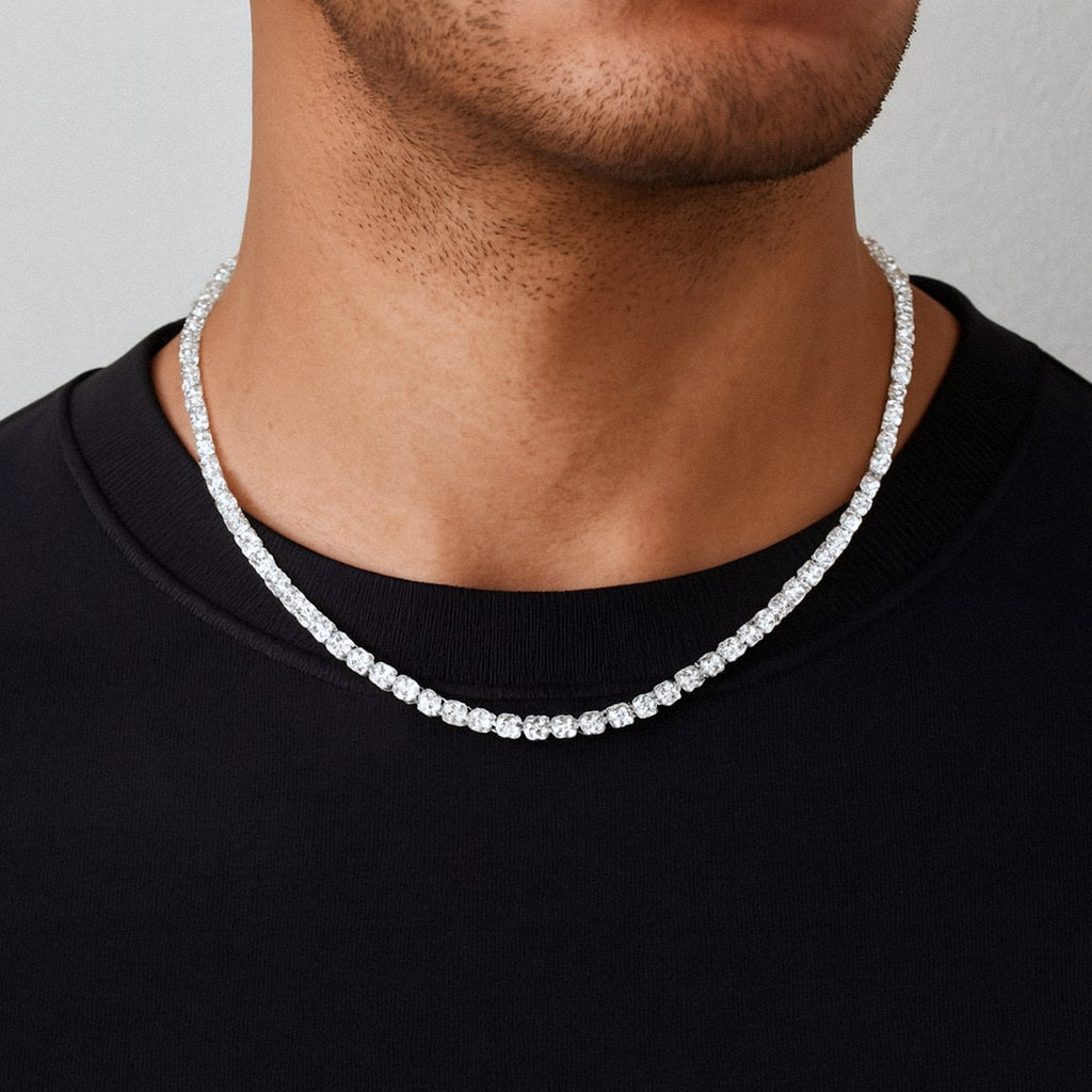 Mens Moissanite Tennis Chain, 925 Sterling Silver Tennis Necklace, worn on model for scale