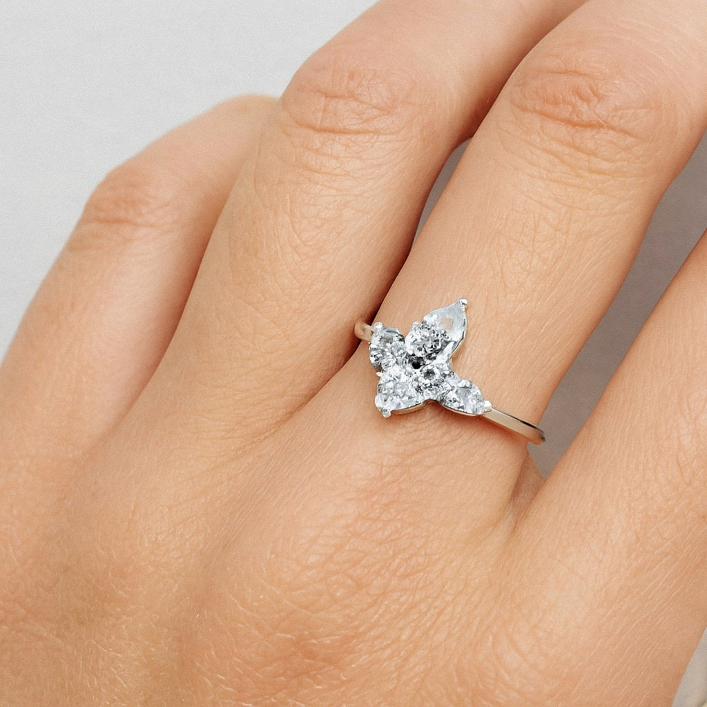 Pear Moissanite Ring, Pear Cut with Side Stones in 925 Sterling Silver, worn on model for scale