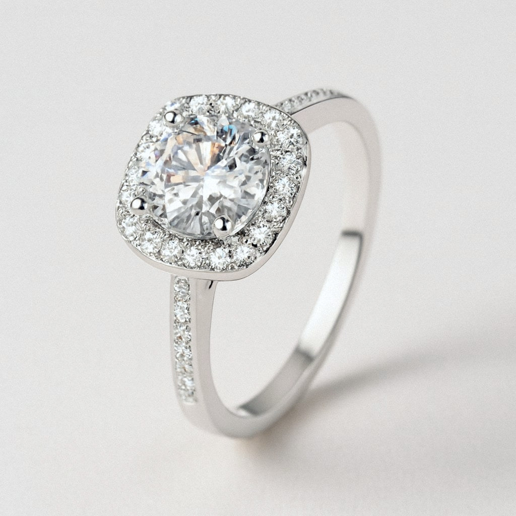 Square Halo Moissanite Ring, Cushion Halo Engagement Ring in 925 Sterling Silver, product view