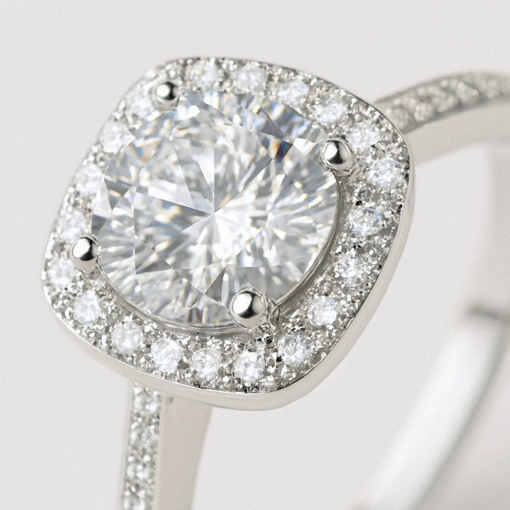Square Halo Moissanite Ring, Cushion Halo Engagement Ring in 925 Sterling Silver, close-up detail