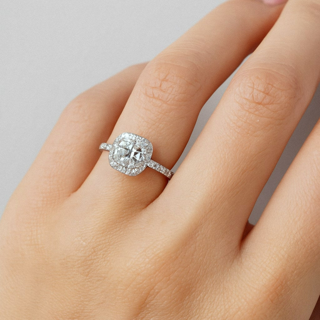 Square Halo Moissanite Ring, Cushion Halo Engagement Ring in 925 Sterling Silver, worn on model for scale