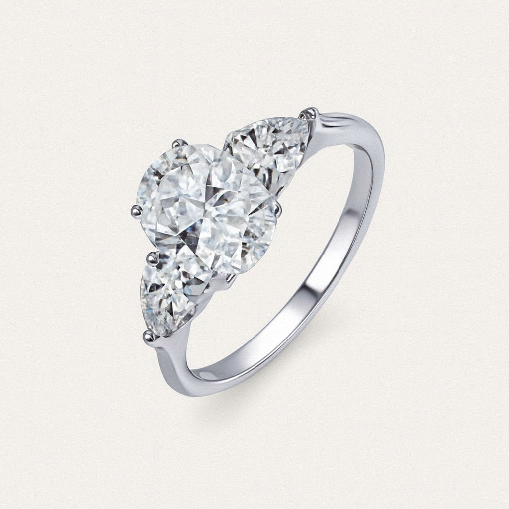 Three Stone Moissanite Ring, Oval Trilogy Ring in 925 Sterling Silver, product view