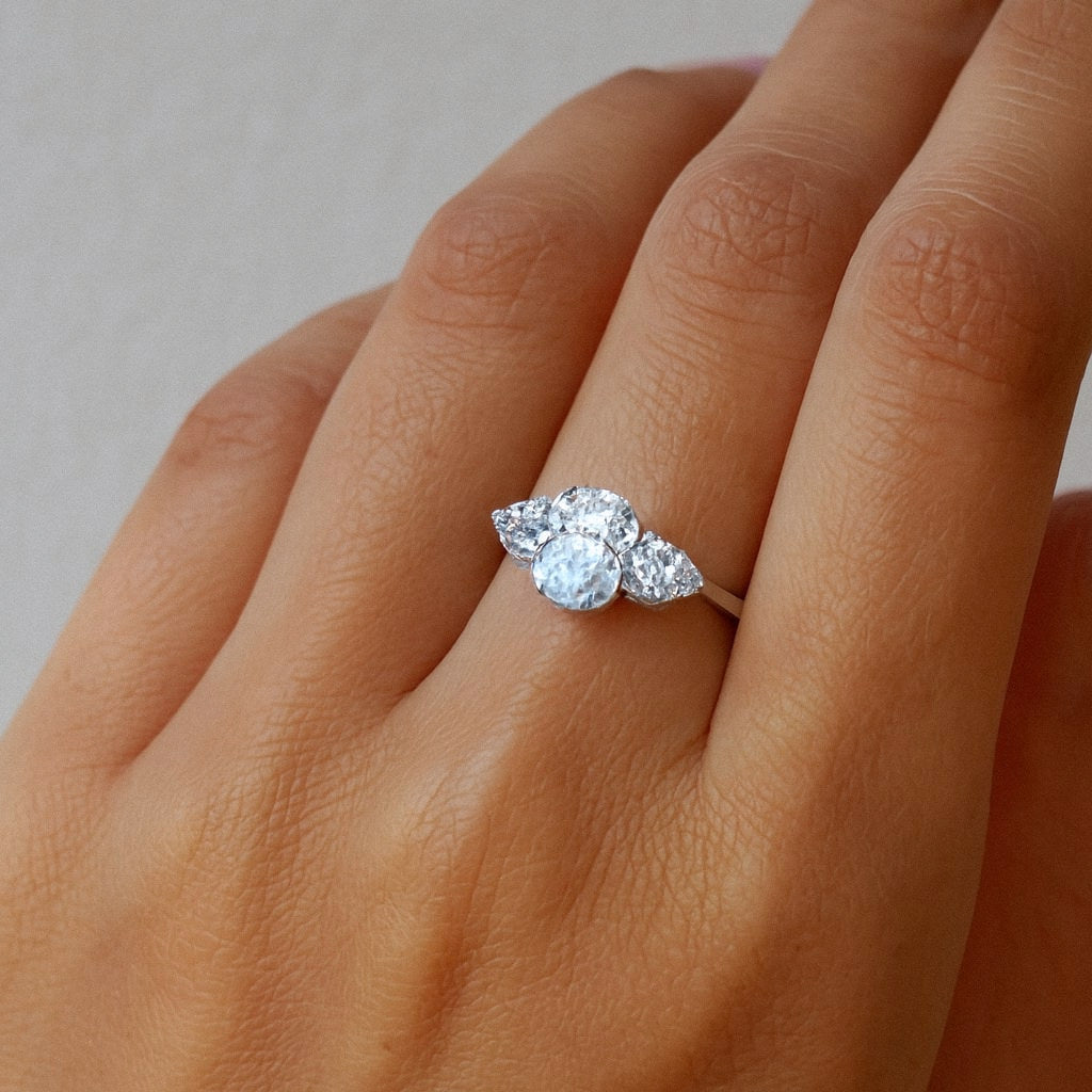 Three Stone Moissanite Ring, Oval Trilogy Ring in 925 Sterling Silver, worn on model for scale