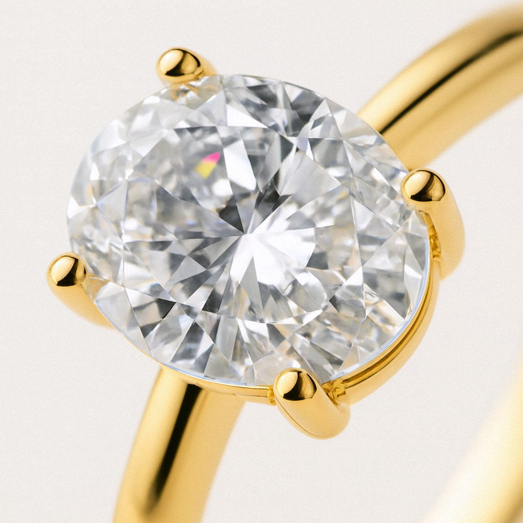 Gold Oval Moissanite Ring, Oval Solitaire Engagement Ring in 18k Gold Plated Sterling Silver, close-up detail