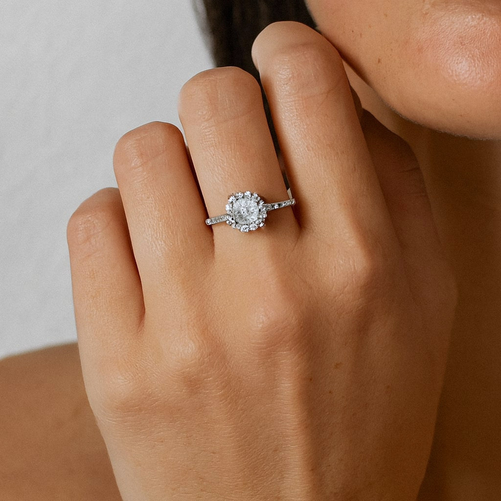 Star Setting Moissanite Ring, Solitaire with Pavé Band in 925 Sterling Silver, worn on model for scale