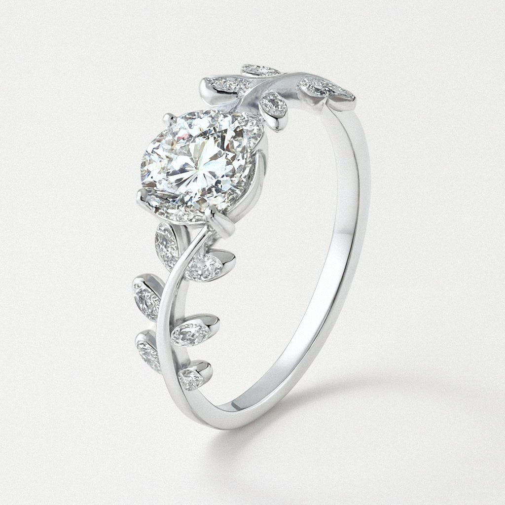Laurel Leaf Moissanite Ring, Botanical Solitaire in 925 Sterling Silver, product view