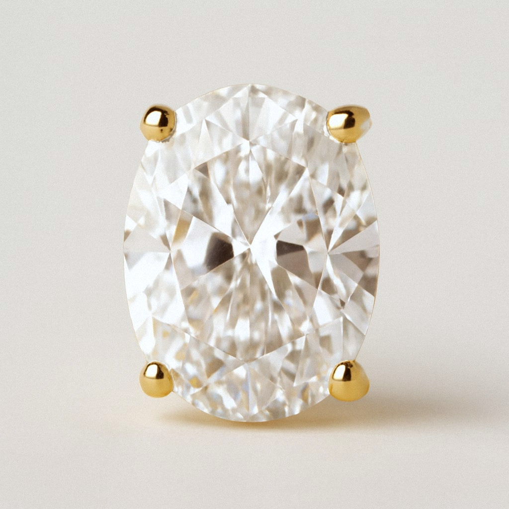 Gold Oval Moissanite Stud Earrings, 18k Gold Plated Sterling Silver, close-up detail