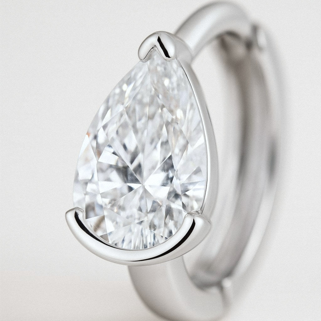Pear Moissanite Huggie Earrings, 925 Sterling Silver, close-up detail