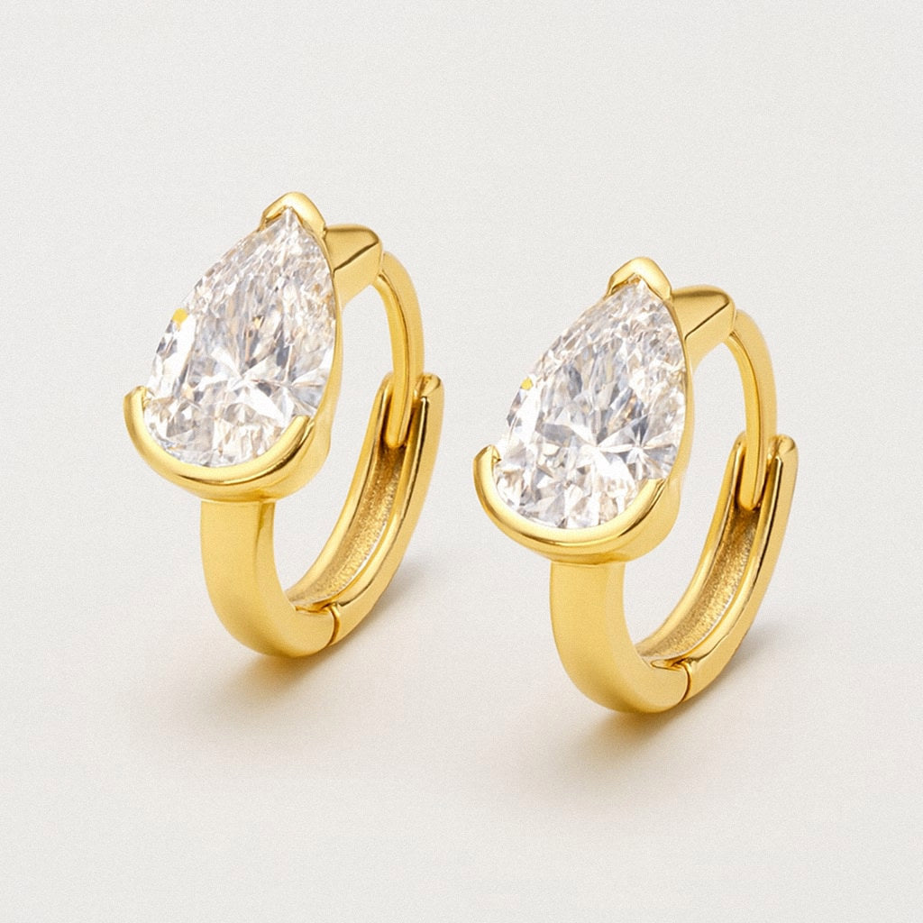 Gold Pear Moissanite Huggie Earrings, 18k Gold Plated Sterling Silver, product view