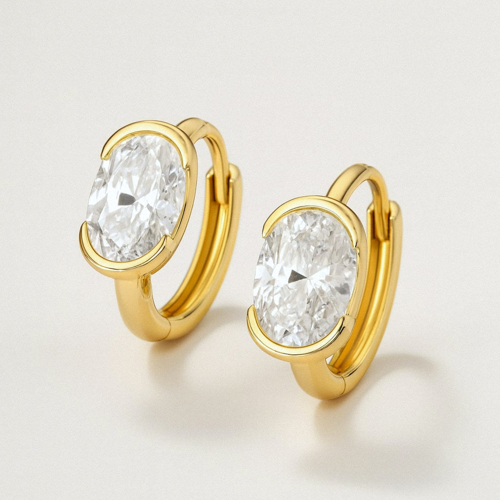 Gold Oval Moissanite Huggie Earrings, 18k Gold Plated Sterling Silver, product view