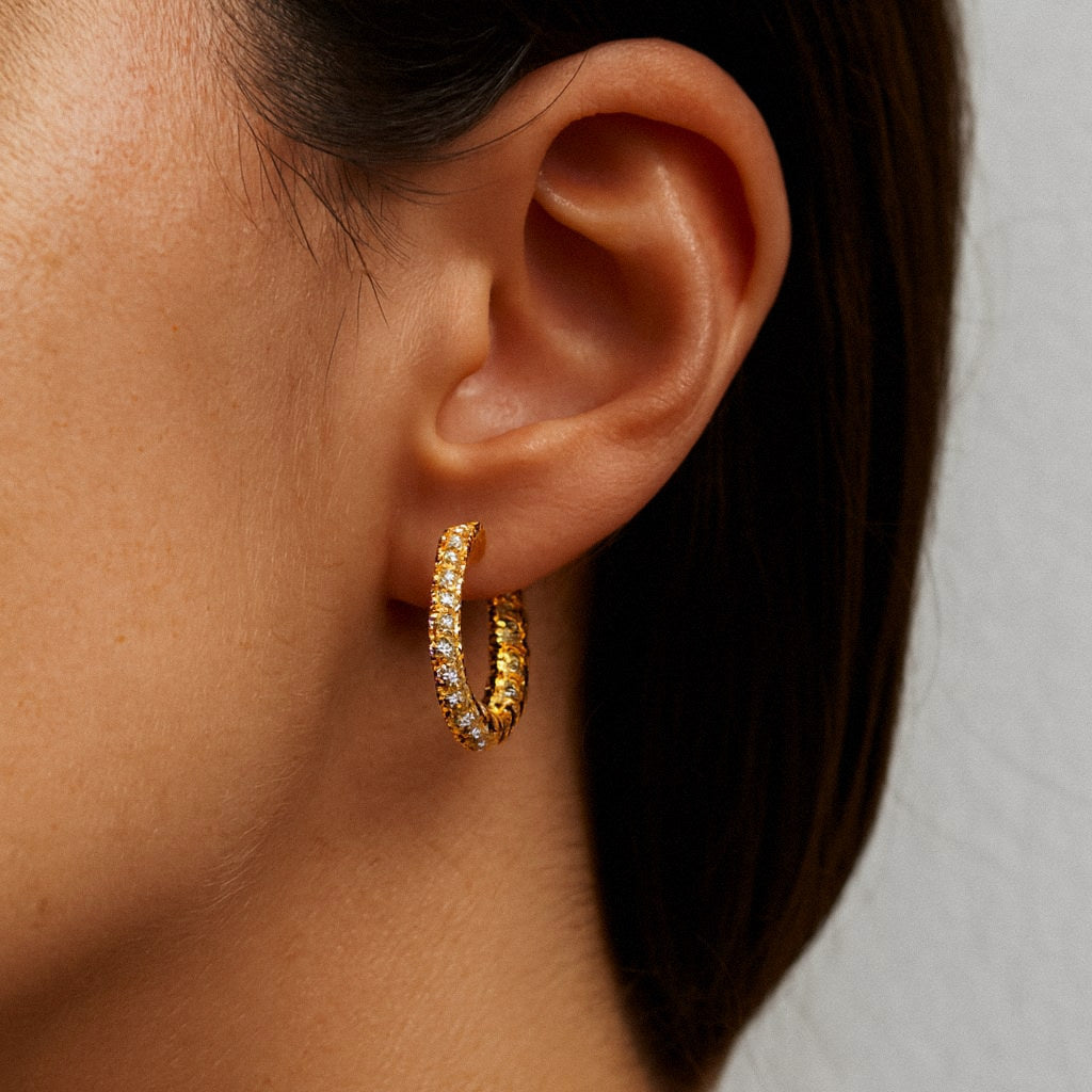 Gold Pavé Hoop Earrings, Inside-Out Moissanite Hoops in 18k Gold Plated Sterling Silver, worn on model for scale