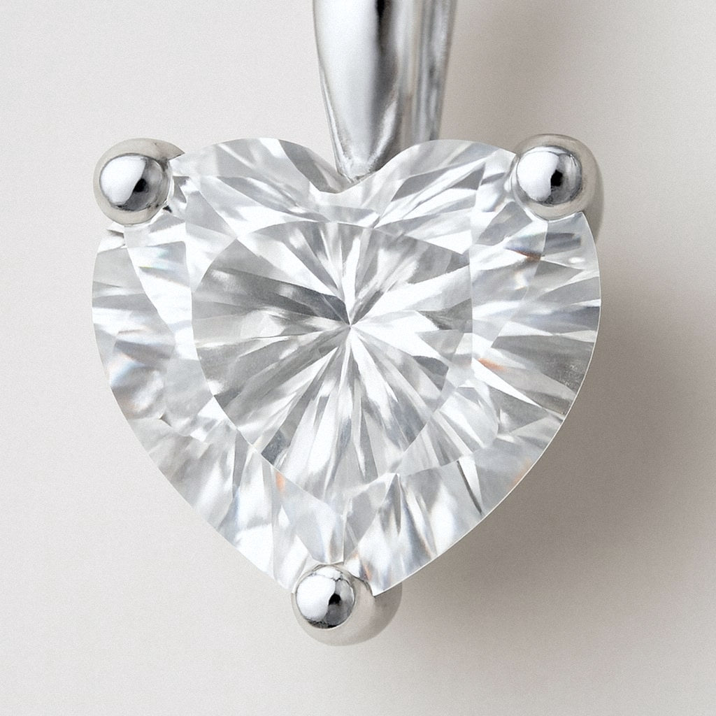 Heart Moissanite Necklace, Heart Solitaire Pendant in 925 Sterling Silver, close-up detail