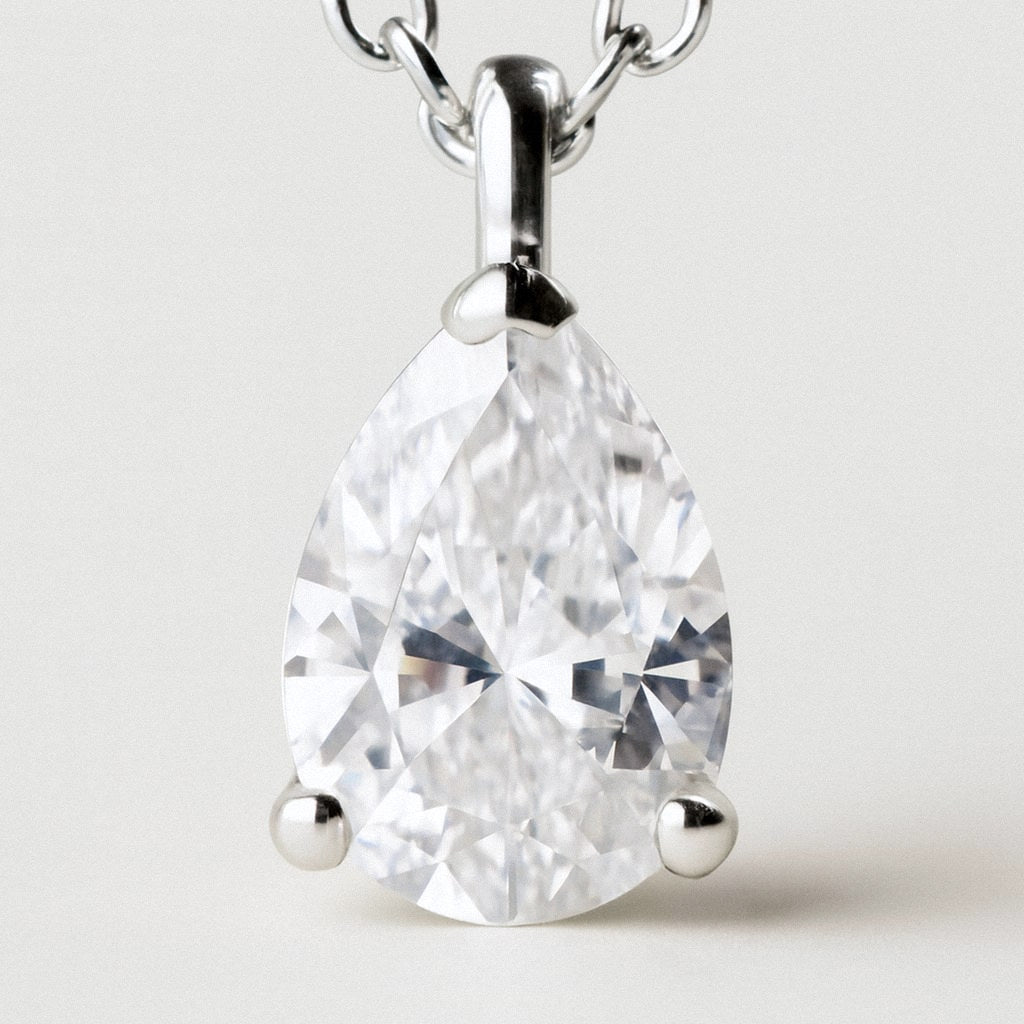 Pear Moissanite Necklace, Teardrop Solitaire Pendant in 925 Sterling Silver, close-up detail