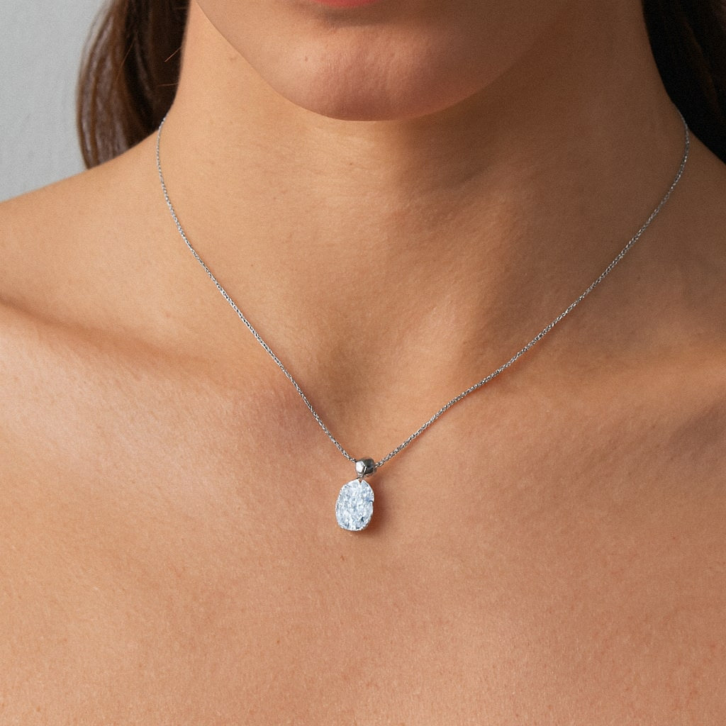 Oval Moissanite Necklace, Oval Solitaire Pendant in 925 Sterling Silver, worn on model for scale