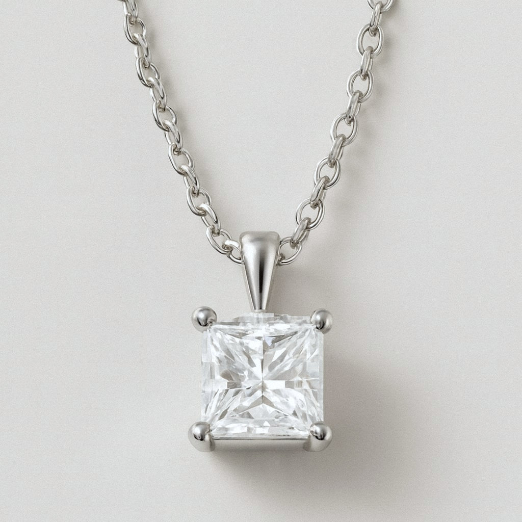 Princess Cut Moissanite Necklace, Square Solitaire Pendant in 925 Sterling Silver, product view
