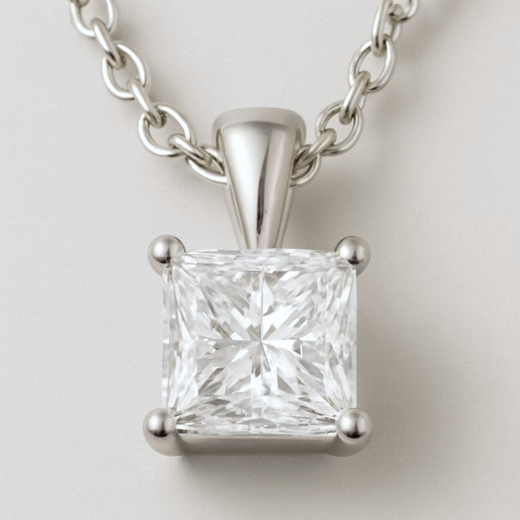 Princess Cut Moissanite Necklace, Square Solitaire Pendant in 925 Sterling Silver, close-up detail