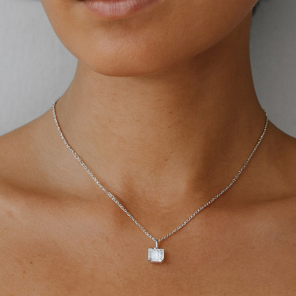 Princess Cut Moissanite Necklace, Square Solitaire Pendant in 925 Sterling Silver, worn on model for scale