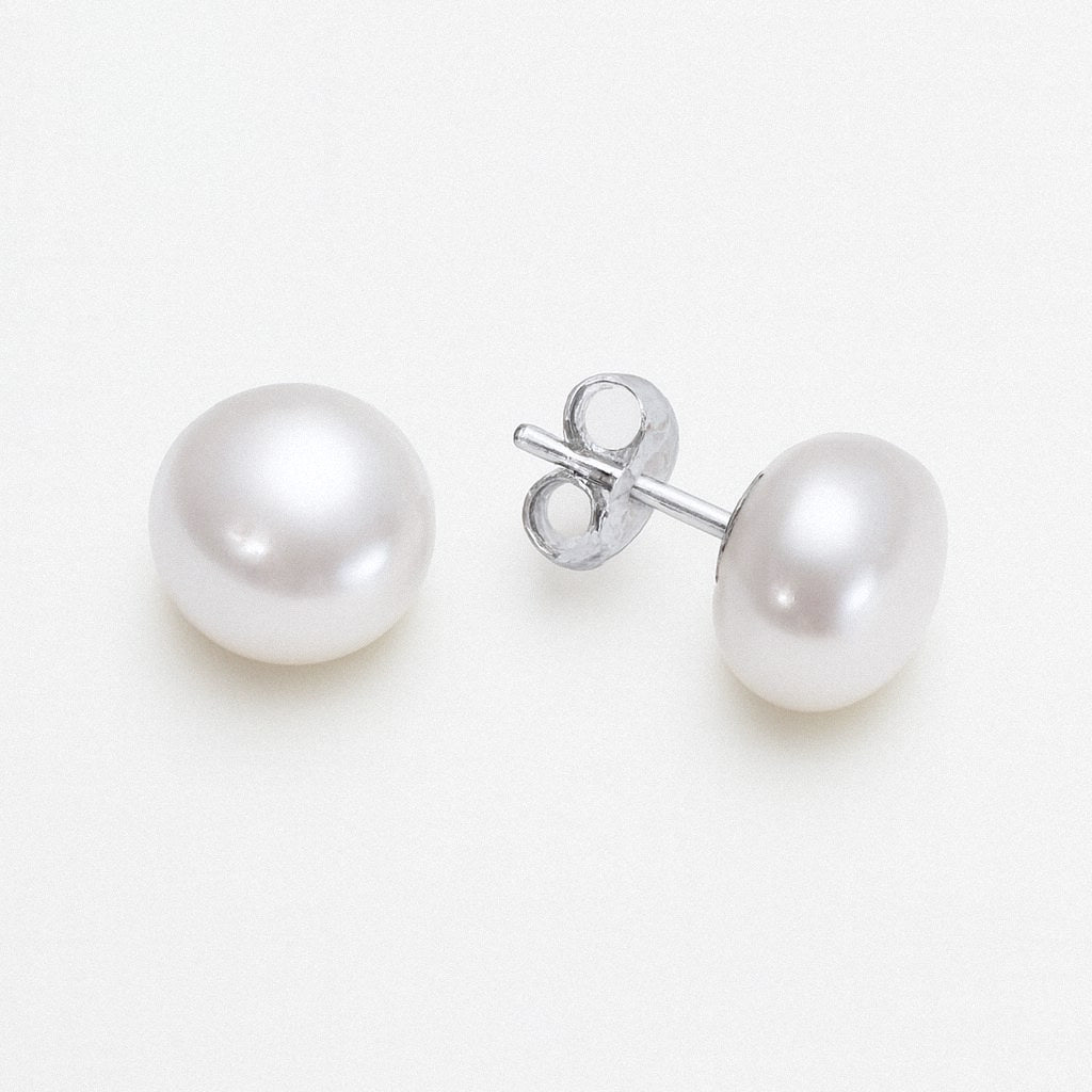 Button Pearl Stud Earrings, Freshwater Pearl Studs 6mm to 11mm, Sterling Silver, product view