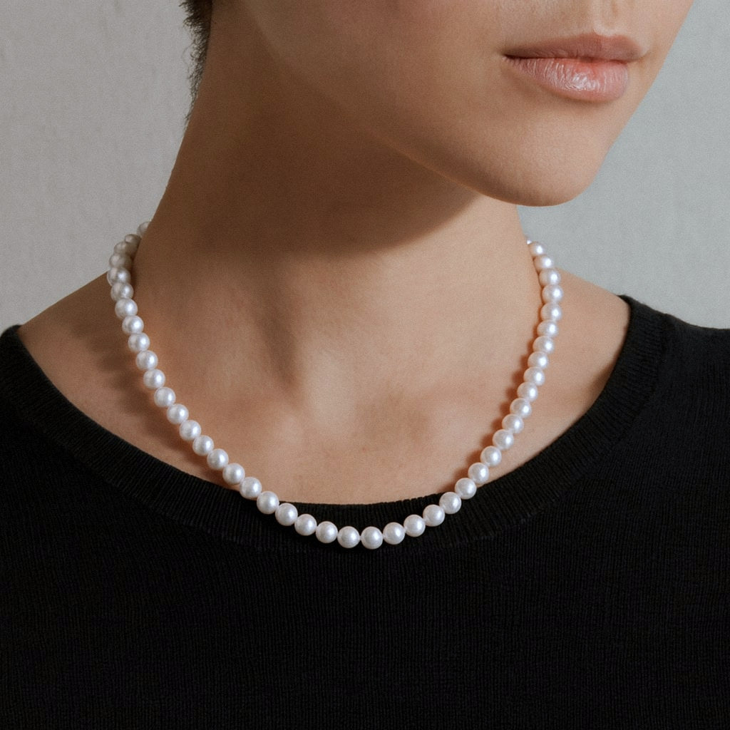 Pearl Necklace 8-10mm, Statement Freshwater Pearl Strand with Gift Box, worn on model for scale