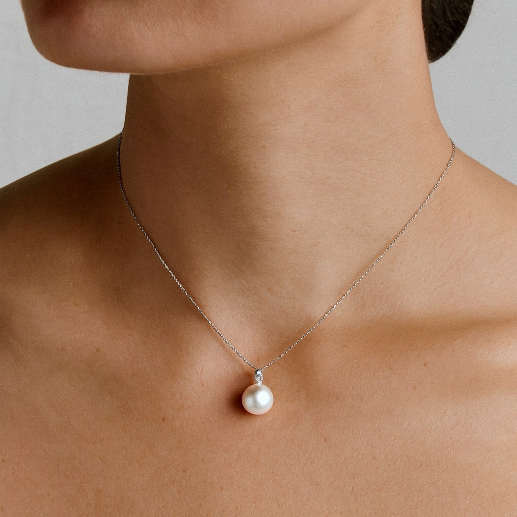 Single Pearl Pendant Necklace, Large Freshwater Pearl Drop 9mm to 13mm, worn on model for scale