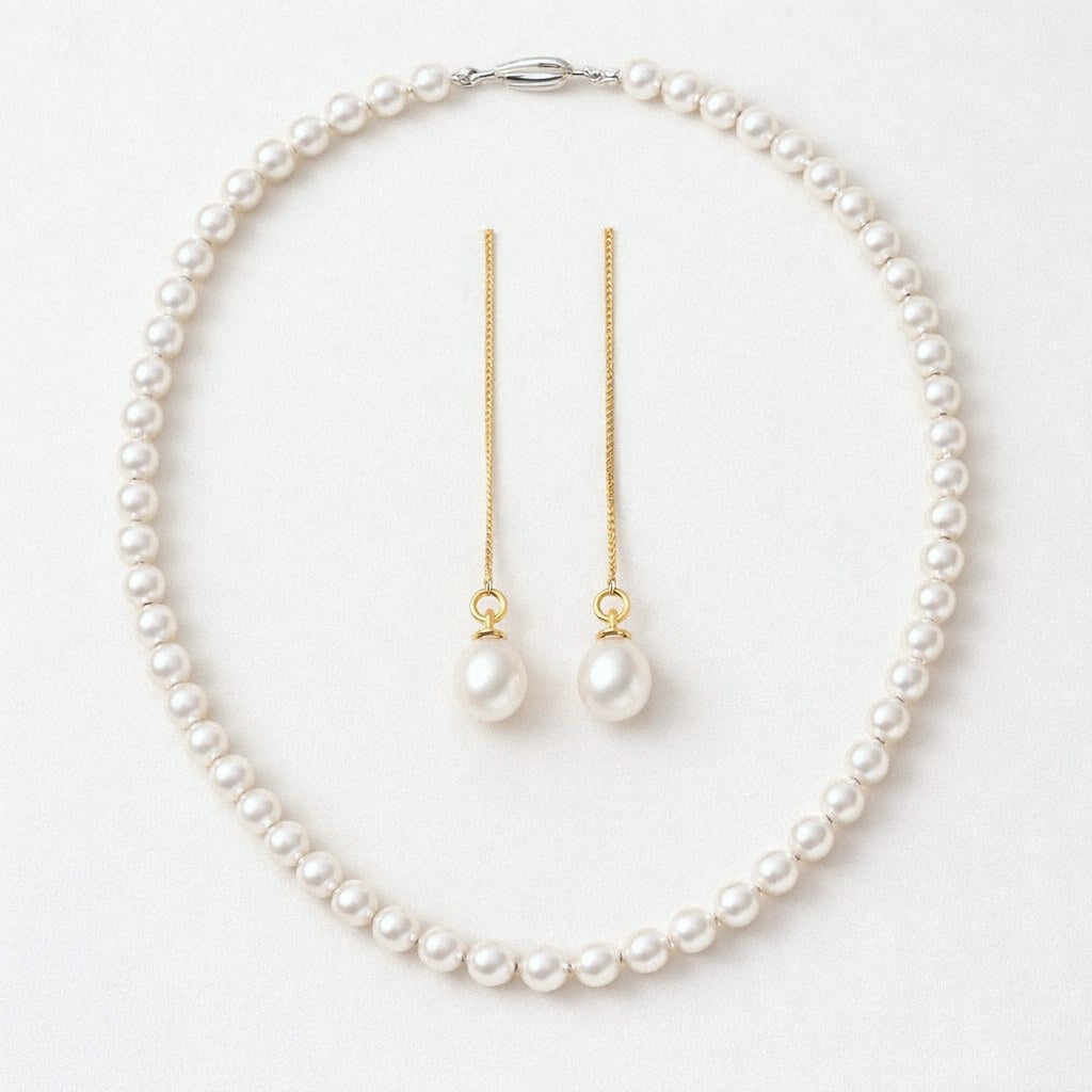 Classic freshwater pearl necklace and gold pearl threader earrings set