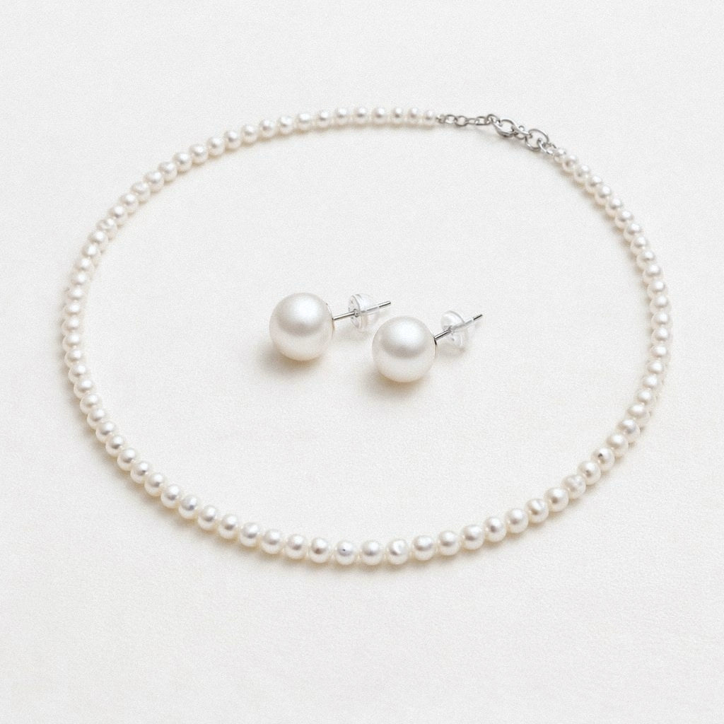 Dainty freshwater pearl necklace and pearl stud earrings set