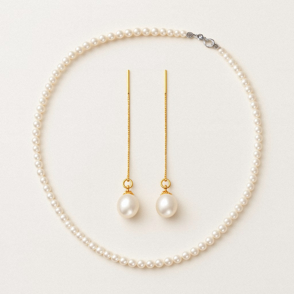 Dainty Freshwater Pearl Necklace and Gold Pearl Threader Earrings Set, both pieces together