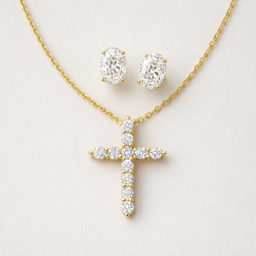Gold moissanite cross necklace and oval moissanite stud earrings set, gold plated sterling silver