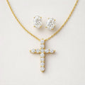 Gold moissanite cross necklace and oval moissanite stud earrings set, gold plated sterling silver