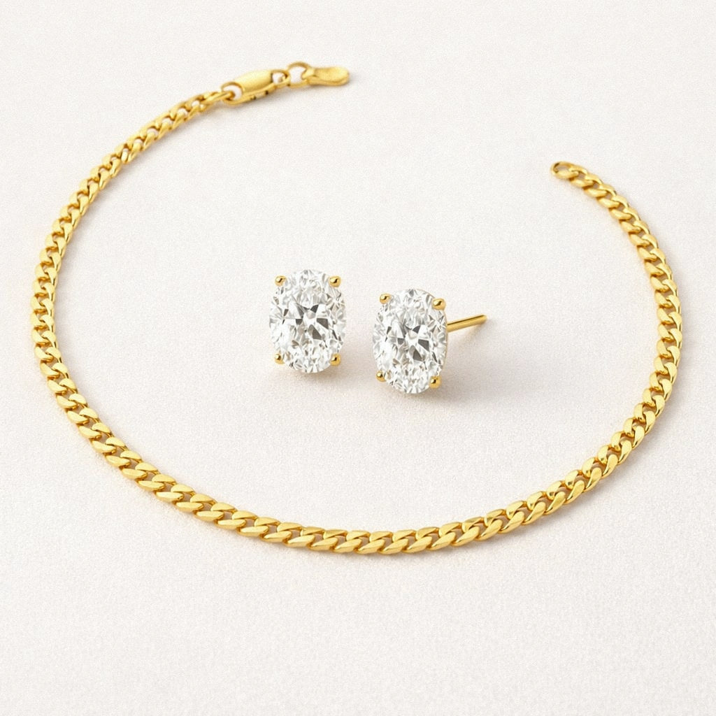 Gold Cuban chain necklace and oval moissanite stud earrings set