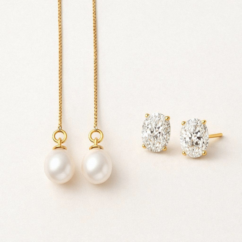 Gold ear stack set, freshwater pearl threader earrings and oval moissanite studs, gold plated sterling silver