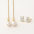 Gold ear stack set, freshwater pearl threader earrings and oval moissanite studs, gold plated sterling silver