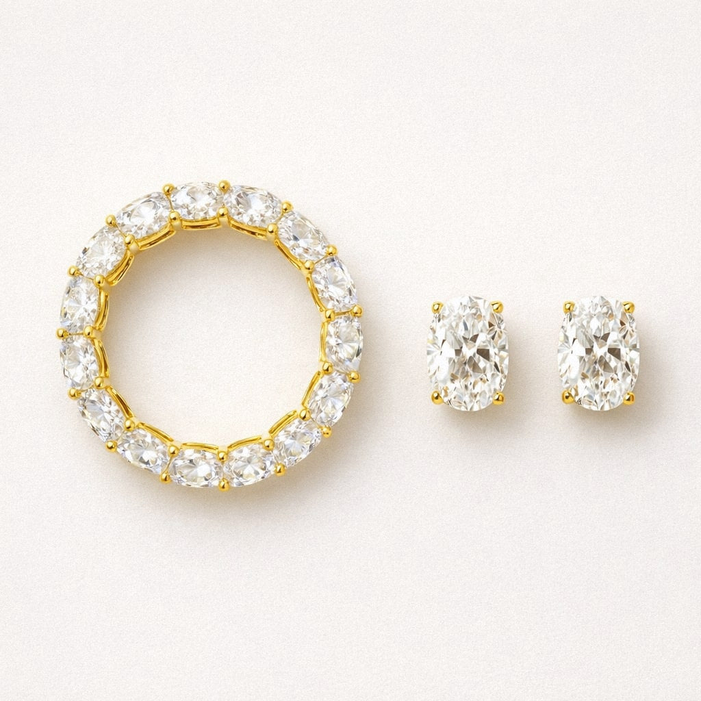 Gold oval moissanite eternity ring and oval moissanite stud earrings set, gold plated sterling silver
